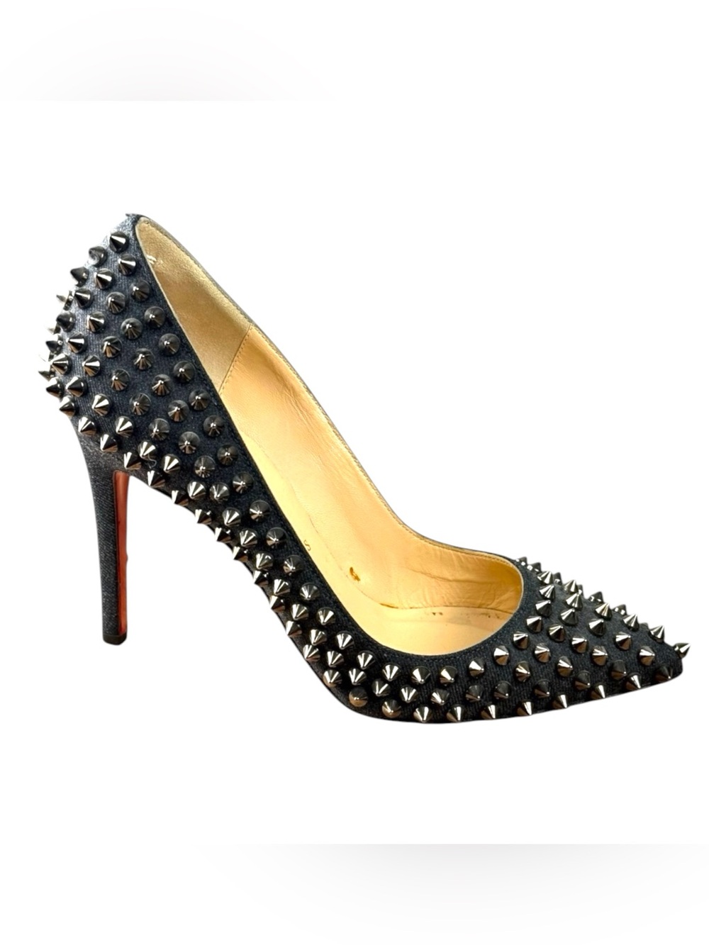 Christian Louboutin Denim Pigalle Follies Spikes Pointed Toe Pumps